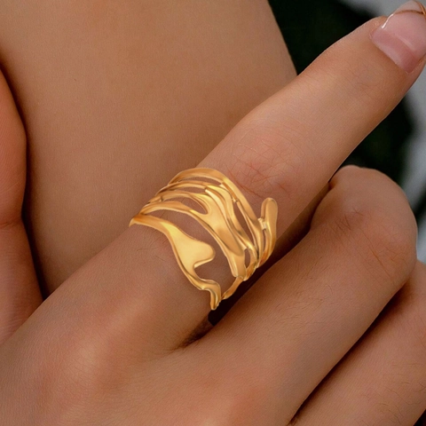 Unregelmäßiger Hohler Linien Edelstahl Ring Flüssigmetall Fluid Breites Band Verstellbarer Offener Ring Vintage Schmuck Für Damen