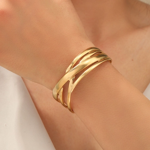 Multi Layer Criss Cross Open Cuff Bangle Stainless Steel Adjustable Minimalist Ins Style Bracelet For Women