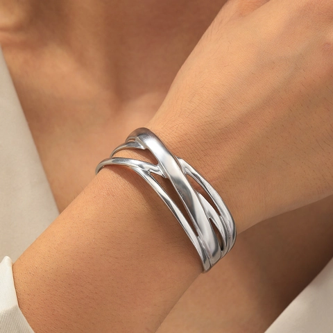 Multi Layer Criss Cross Open Cuff Bangle Stainless Steel Adjustable Minimalist Ins Style Bracelet For Women