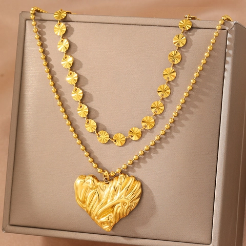 Double Layer Stainless Steel Necklace Gold Plated Heart Pendant Crinkled Texture Sunray Disc Choker Fashion Jewelry Women