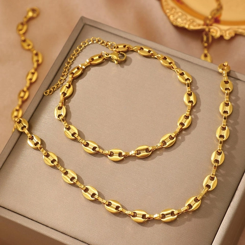 Set Di Gioielli Collana E Bracciale Con Maglie A Chicco Di Caffè In Acciaio Inossidabile Donna Chic Lusso Leggero Minimalista