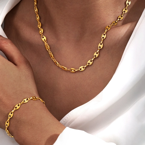 Set Di Gioielli Collana E Bracciale Con Maglie A Chicco Di Caffè In Acciaio Inossidabile Donna Chic Lusso Leggero Minimalista