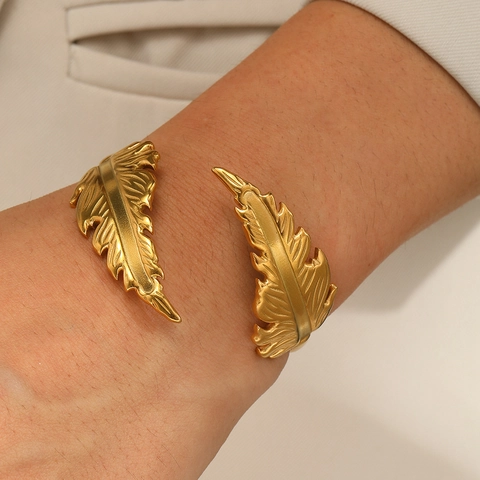 Roestvrijstalen Veer Armband Verstelbaar Verguld Verzilverd Open Manchet Dames Sieraden Boho Blad Ontwerp Modieuze Accessoires