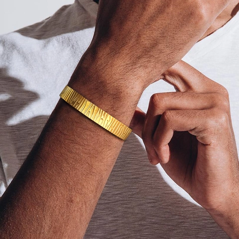 Roestvrijstalen Manchet Armband 18K Verguld Zilver Houtnerf Textuur Verstelbaar Open Bangle Unisex Sieraden