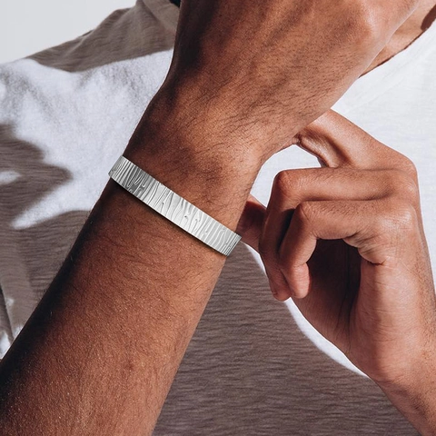 Roestvrijstalen Manchet Armband 18K Verguld Zilver Houtnerf Textuur Verstelbaar Open Bangle Unisex Sieraden