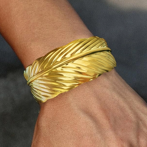 Stainless Steel Feather Cuff Bracelet Adjustable Open Bangle Vintage Gold Plated Hip Hop Jewelry For Women Men