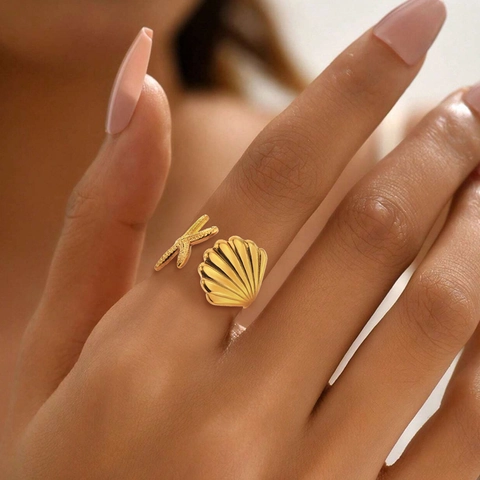 Starfish Shell Stainless Steel Open Ring Gold Silver Plated Adjustable Ocean Theme Beach Jewelry For Women Fashion Accessory
