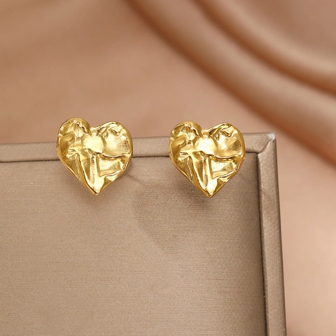 Heart Stud Earrings French Vintage Pleated Water Ripple Stainless Steel Geometric Jewelry For Women Light Luxury Style