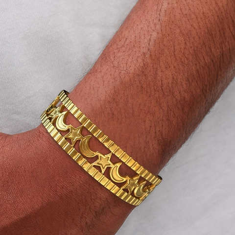 Stainless Steel Star Moon Hollow Out Open Bangle Bracelet 18K Gold Plated Adjustable Vintage Cuff For Women Men