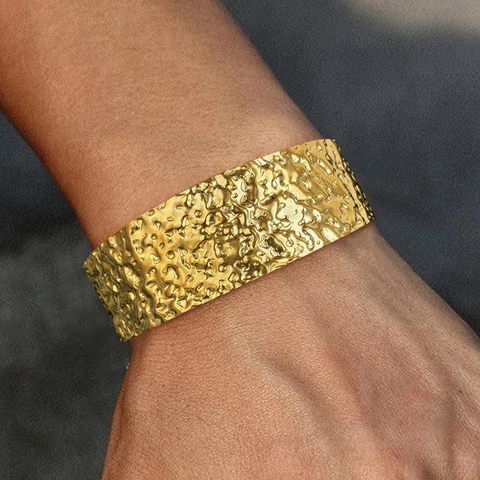 Wide Cuff Bangle Bracelet Stainless Steel Hammered Texture Irregular Open Adjustable Minimalism Light Luxury Jewelry For Women