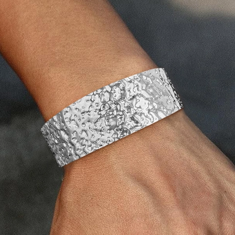 Wide Cuff Bangle Bracelet Stainless Steel Hammered Texture Irregular Open Adjustable Minimalism Light Luxury Jewelry For Women