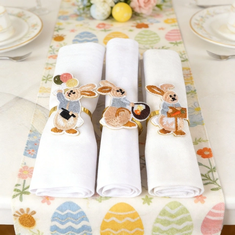 Easter Embroidery Rabbit Napkin Ring Gold Electroplated Zinc Alloy Cartoon Bunny Carrot Flower Basket Table Decor For Party