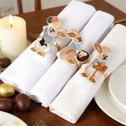 Easter Embroidery Rabbit Napkin Ring Gold Electroplated Zinc Alloy Cartoon Bunny Carrot Flower Basket Table Decor For Party
