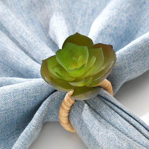 Artificial Succulent Napkin Rings Straw Woven Napkin Buckles Realistic Handcrafted Plant Holders For Dining Table Decor