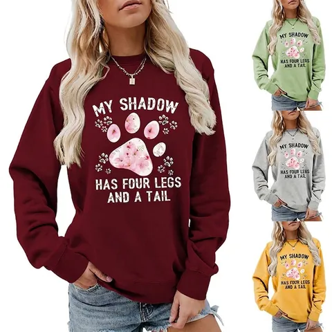 Damen Sweatshirt Rundhals Langarm Baumwolle Pfotenabdruck Blumen Grafik Lässiges Pullover Oberteil