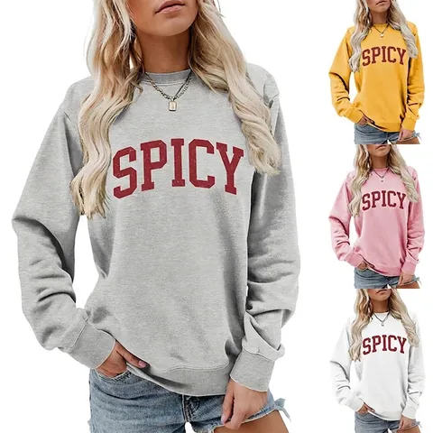 Spicy Buchstaben Print Rundhals Sweatshirt Baumwolle Langarm Locker Passform Lässiger Pullover Streetwear Für Damen