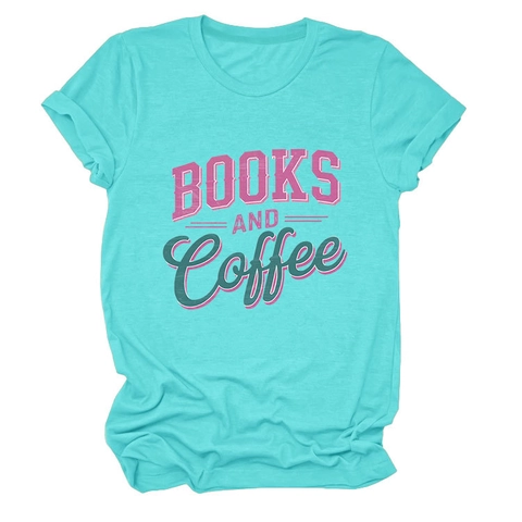 Women T-Shirt Books And Coffee Graphic Print Cotton Blend Short Sleeve Round Neck Casual Summer Daily Top