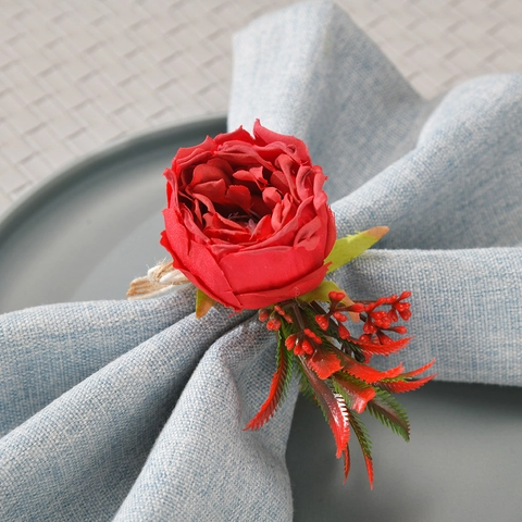 Servilleteros De Rosa Artificial Hebilla De Servilleta Floral De Satén Hecha A Mano Con Cuerda De Cáñamo Para Decoración De Mesa