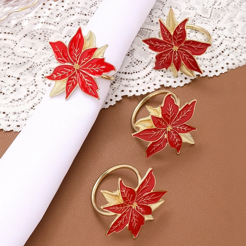 Zinc Alloy Red Poinsettia Flower Napkin Rings Gold Metal Table Decoration For Christmas Wedding Party Dinner Table Decor