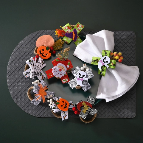 Ronds De Serviette Tissés Main Corde De Chanvre Feutre Halloween Fantôme Citrouille Squelette Araignée Noël Père Noël Déco