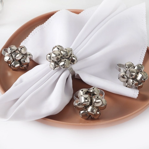 Christmas Napkin Rings Silver Metal Jingle Bell Cluster Flower Shape Holiday Table Decor Hotel Wedding Dinner