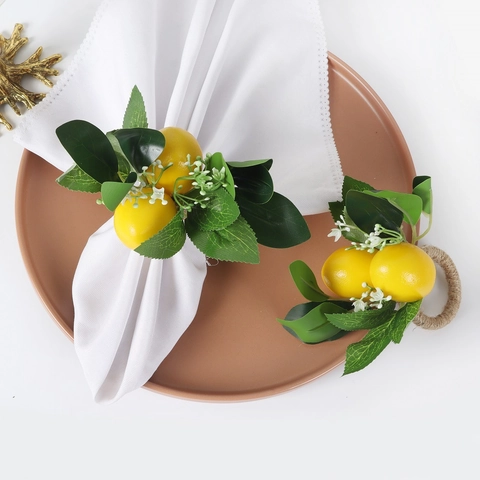 Servilletero De Limón Artificial Con Hojas Verdes Flor Blanca Cuerda De Cáñamo Decoración De Mesa Rústica Boda Restaurante