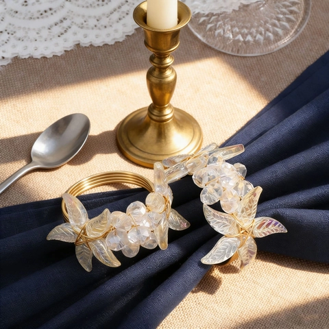 Crystal Flower Napkin Rings Gold Zinc Alloy Wire Wrapped Leaf Iridescent Transparent Wedding Party Christmas Table Decor