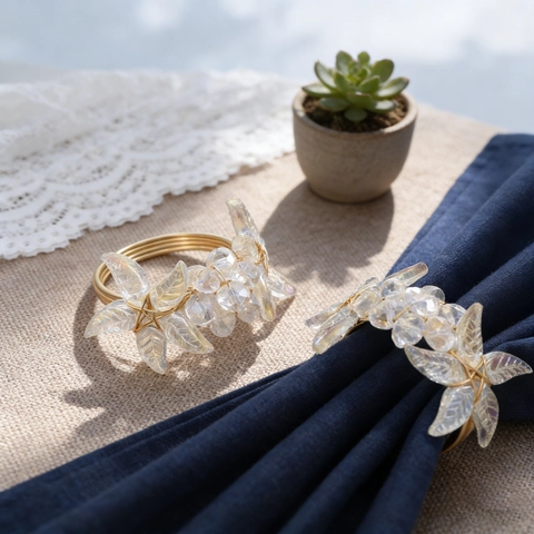 Crystal Flower Napkin Rings Gold Zinc Alloy Wire Wrapped Leaf Iridescent Transparent Wedding Party Christmas Table Decor