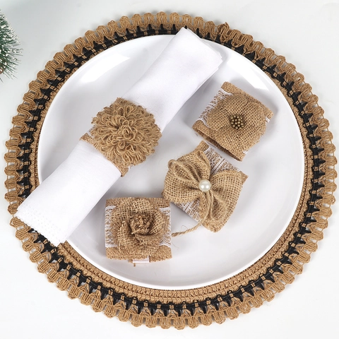 Handmade Burlap Jute Napkin Rings With White Lace Flower Rose Bowknot Design Rustic Wedding Party Table Decoration Buckle