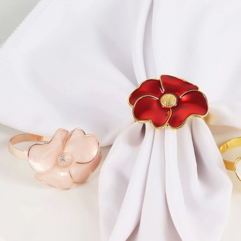 Flower Napkin Ring Zinc Alloy Enamel Floral Napkin Buckles Gold Edged Table Decoration For Wedding Banquet Party Dining Room