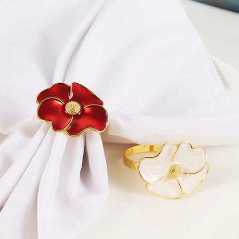 Flower Napkin Ring Zinc Alloy Enamel Floral Napkin Buckles Gold Edged Table Decoration For Wedding Banquet Party Dining Room