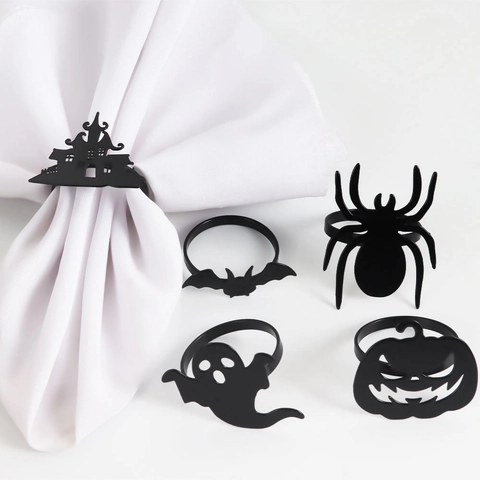 Halloween Black Napkin Rings Zinc Alloy Pumpkin Spider Bat Ghost Haunted House Silhouette Table Decor Party Napkin Ring