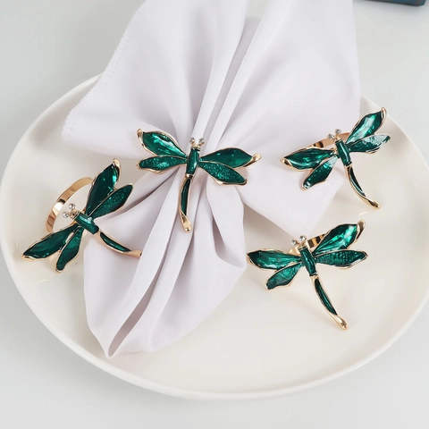 Dragonfly Napkin Rings Vintage Green Enamel Zinc Alloy Rhinestone Insect Design Table Setting Decoration