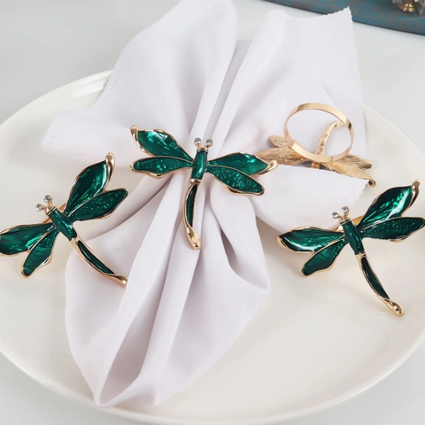 Dragonfly Napkin Rings Vintage Green Enamel Zinc Alloy Rhinestone Insect Design Table Setting Decoration