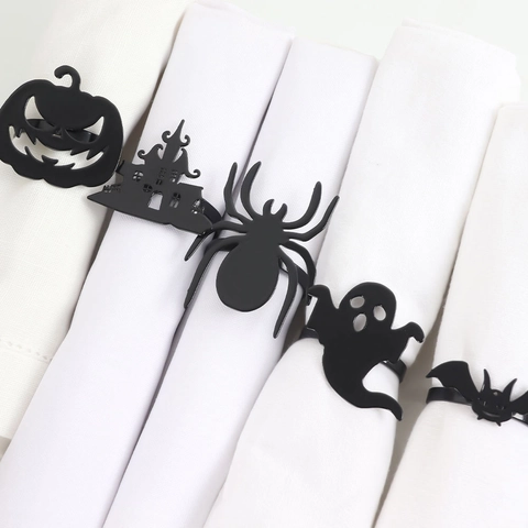 Halloween Black Napkin Rings Zinc Alloy Pumpkin Spider Bat Ghost Haunted House Silhouette Table Decor Party Napkin Ring