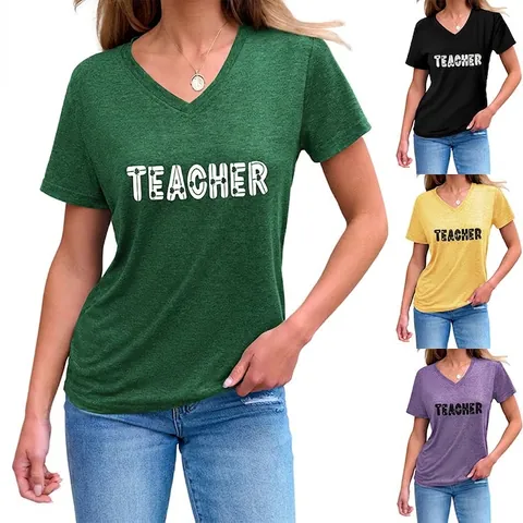 Dames Casual Teacher Print V-hals T-shirt Katoenmix Korte Mouw Top Met Klaverpatroon Voor Sint-Patricksdag