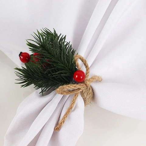 Christmas Napkin Ring With Pine Cones Pine Needles Red Berries Handcrafted Hemp Rope Holiday Table Decor Rustic