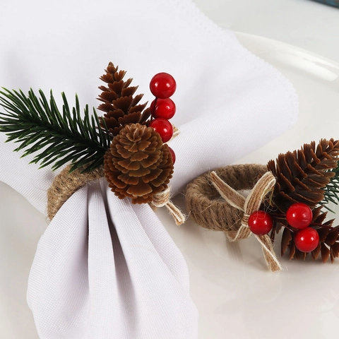 Christmas Napkin Ring With Pine Cones Pine Needles Red Berries Handcrafted Hemp Rope Holiday Table Decor Rustic