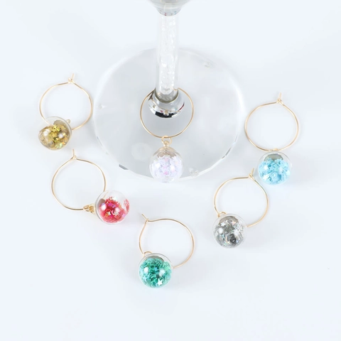 Star Sequin Wine Glass Charms Colorful Glass Ball Pendant Zinc Alloy Ring Markers For Party Dinner Table Decor