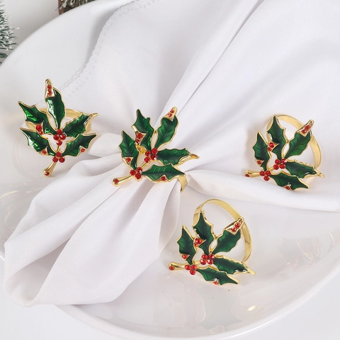 Holly Leaf Napkin Rings Zinc Alloy Rhinestone Enamel Christmas Table Decoration Hollow Branch Holiday Dinner Decor