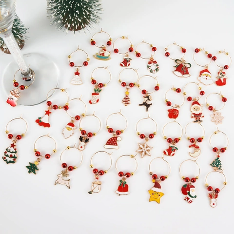 Weihnachts Weinglas Anhänger Zinklegierung Emaille Getränkemarker Ringe Für Party Tischdekoration Neuheit Geschenke