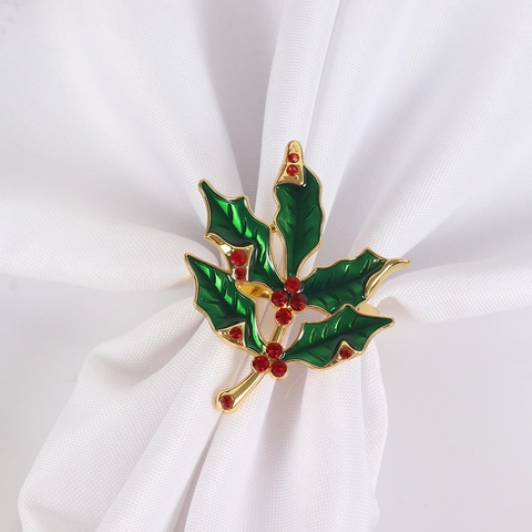 Holly Leaf Napkin Rings Zinc Alloy Rhinestone Enamel Christmas Table Decoration Hollow Branch Holiday Dinner Decor