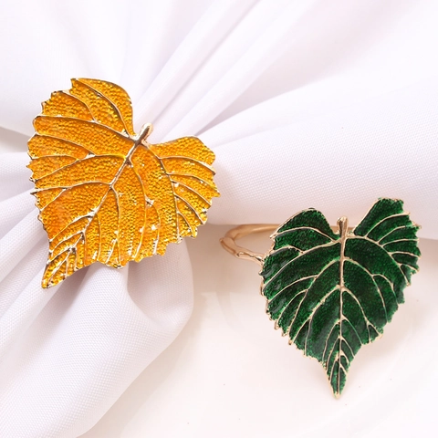 Luxury Zinc Alloy Heart Leaf Napkin Rings Electroplated Gold Green Enamel Table Decor For Wedding Banquet Western Restaurant