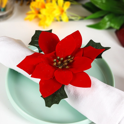Handmade Christmas Poinsettia Napkin Rings Red Velvet Flower Napkin Buckles With Gold Glitter For Holiday Table Decoration
