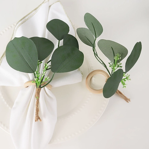 Portatovagliolo Fatto a Mano Con Foglia di Eucalyptus Artificiale Anello in Legno Corda di Canapa Per Decorazione Tavola Matrimonio