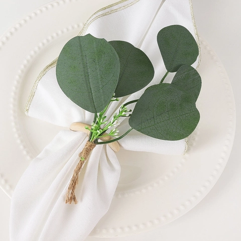 Portatovagliolo Fatto a Mano Con Foglia di Eucalyptus Artificiale Anello in Legno Corda di Canapa Per Decorazione Tavola Matrimonio