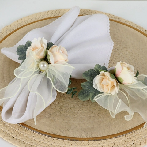 Handmade Satin Rose Napkin Ring With Faux Artificial Pearl And Organza Bow For Wedding Party Table Decoration