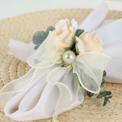 Handmade Satin Rose Napkin Ring With Faux Artificial Pearl And Organza Bow For Wedding Party Table Decoration