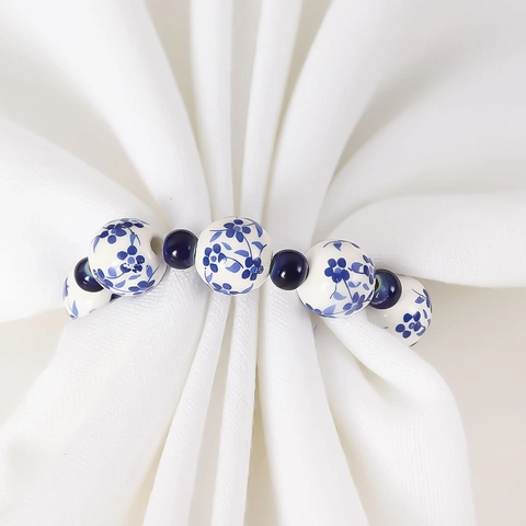 Ronds De Serviette En Perles De Porcelaine Bleue Et Blanche Peints À La Main Boucles Élastiques Décor De Table Ethnique