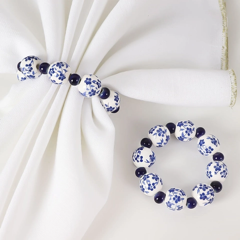 Ronds De Serviette En Perles De Porcelaine Bleue Et Blanche Peints À La Main Boucles Élastiques Décor De Table Ethnique